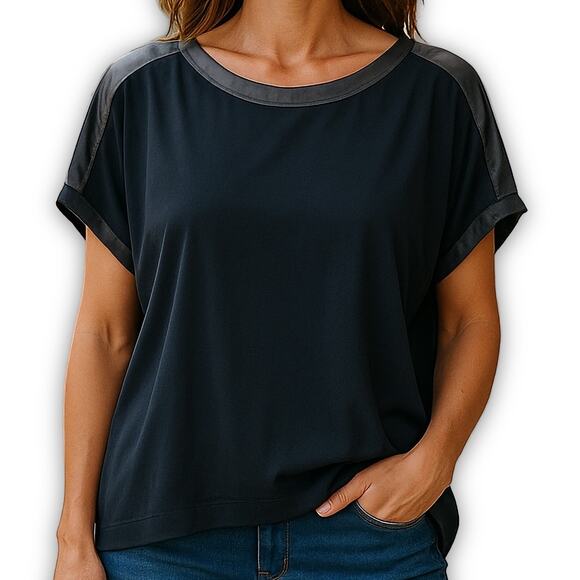 Helmut Lang Leather Trim Dolman Top Minimalist Black Modern Style Size 4 - Picture 1 of 11